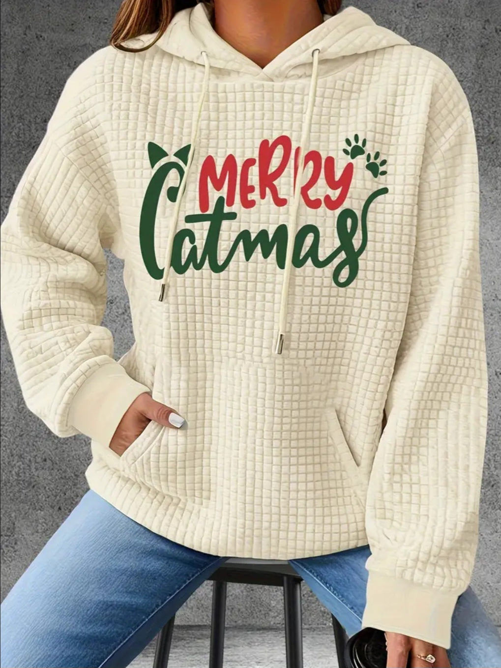 PREORDER Merry Catmas Knit Waffle Pullover Hooded Sweater