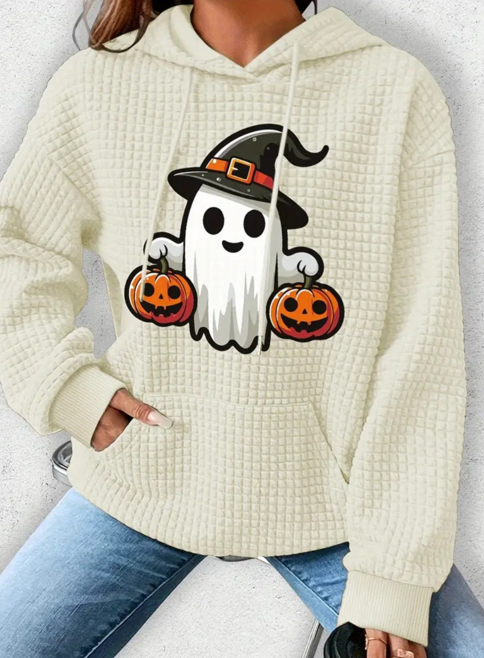 PREORDER Halloween Boujee Ghost Trick Or Treat Jack O Lantern Knit Waffle Pullover Hooded Sweater