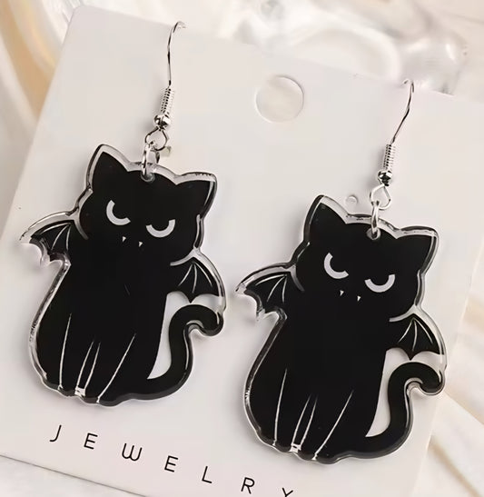 PREORDER Halloween Black Cat Devil Dangle Earrings