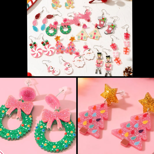 Random Pink Christmas Acrylic Dangle Earrings