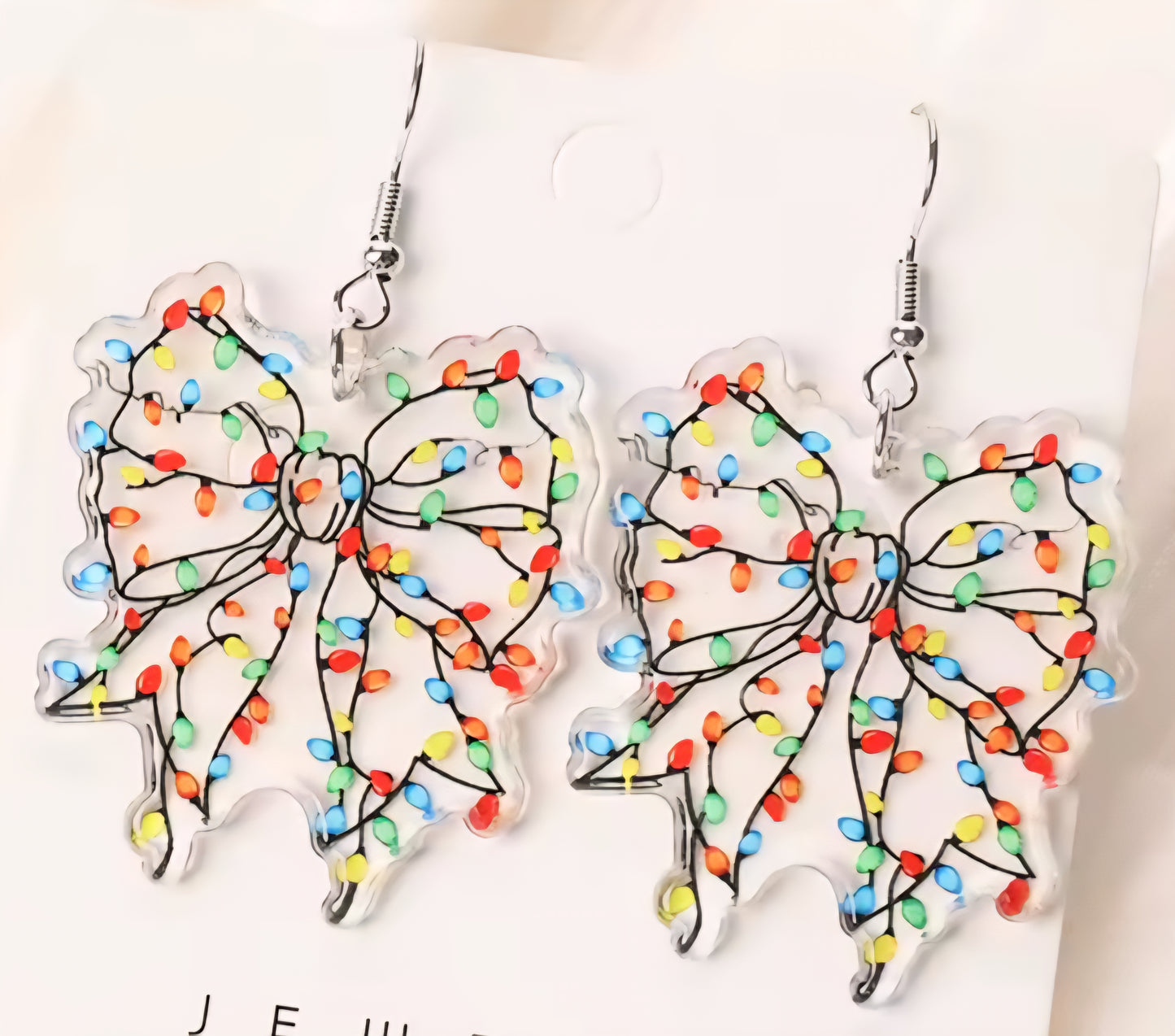 PREORDER Christmas Lights Bow Acrylic Dangle Earrings