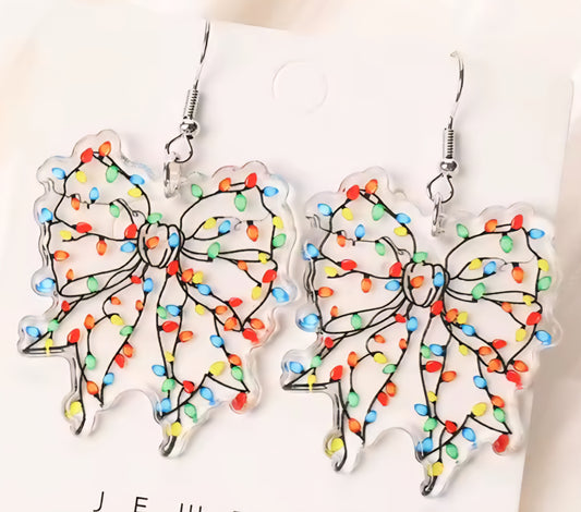 PREORDER Christmas Lights Bow Acrylic Dangle Earrings