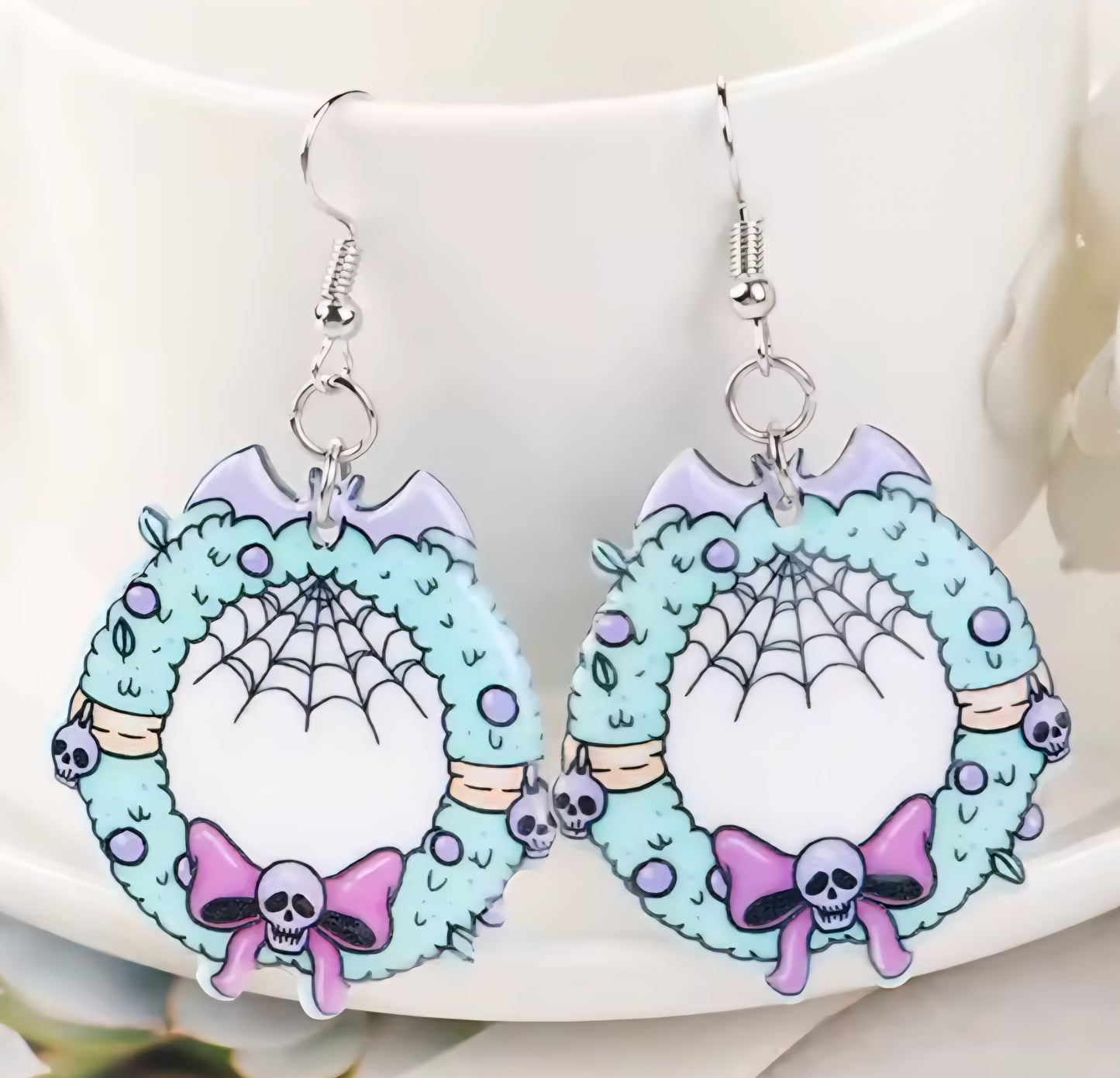 PREORDER Halloween Wreath Bow Acrylic Dangle Earrings