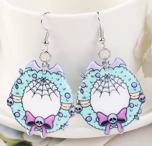 PREORDER Halloween Wreath Bow Acrylic Dangle Earrings