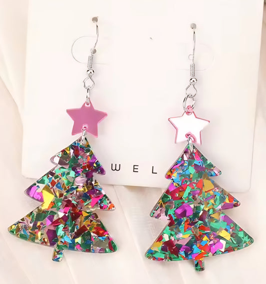 PREORDER Christmas Pink Star Colored Tree Acrylic Dangle Earrings
