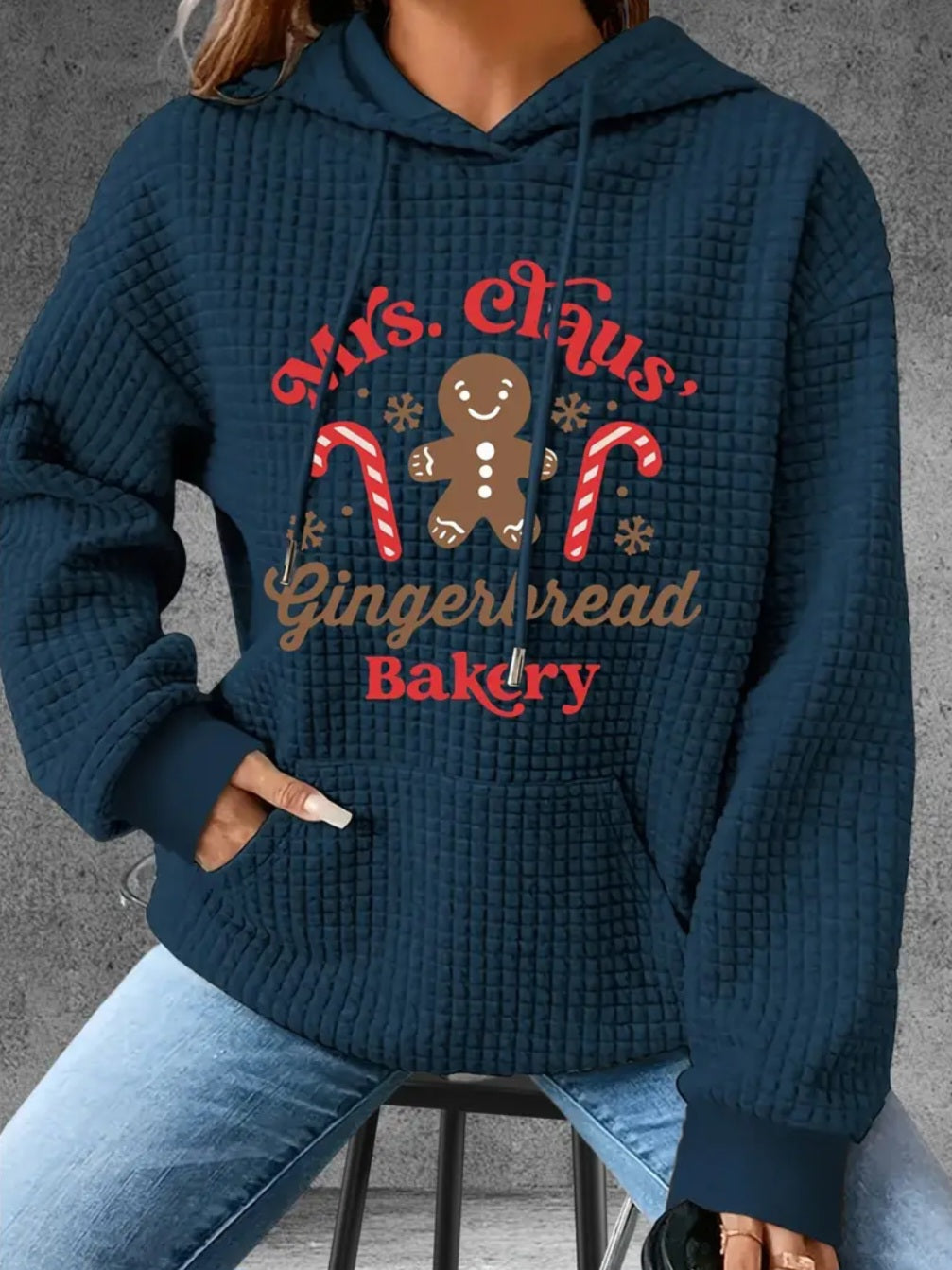 PREORDER Christmas Mrs.Claus Gingerbread Bakery Knit Waffle Pullover Hooded Sweater