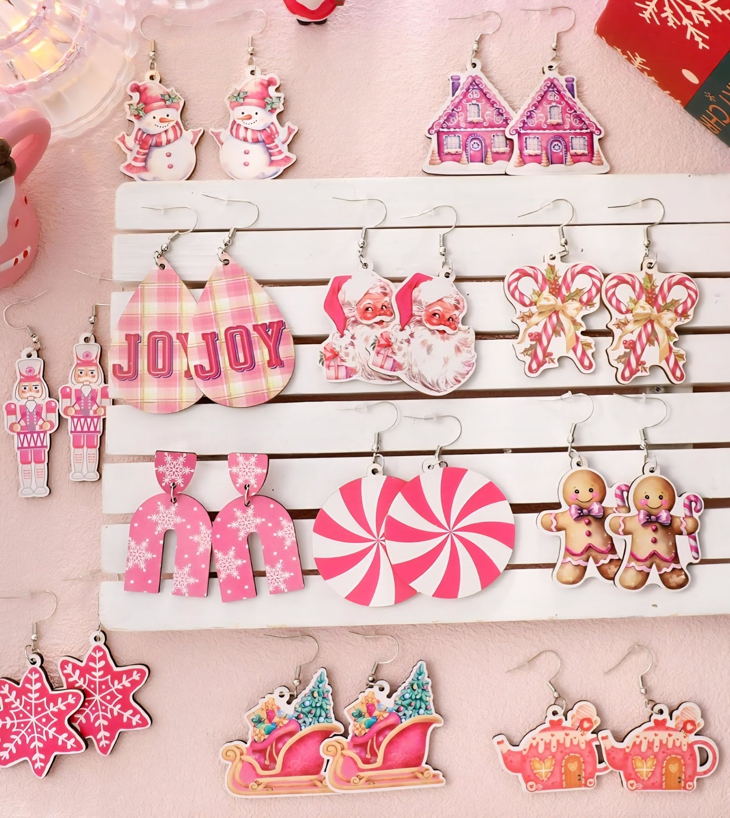 Random Pink Christmas Wooden Dangle Earrings
