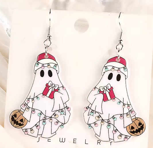 PREORDER Christmas Ghost With A Gift Acrylic Dangle Earrings
