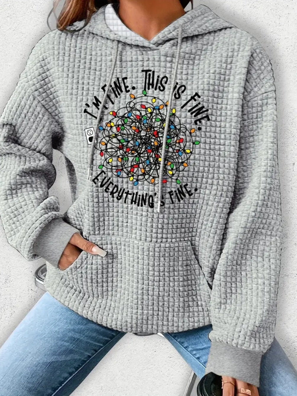 PREORDER Christmas Everything's Fine Knit Waffle Pullover Hooded Sweater