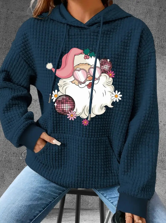 PREORDER Christmas Pink Disco Santa Knit Waffle Pullover Hooded Sweater
