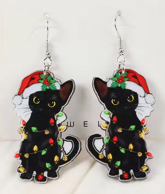 PREORDER Christmas Lights & Black Cat Acrylic Dangle Earrings
