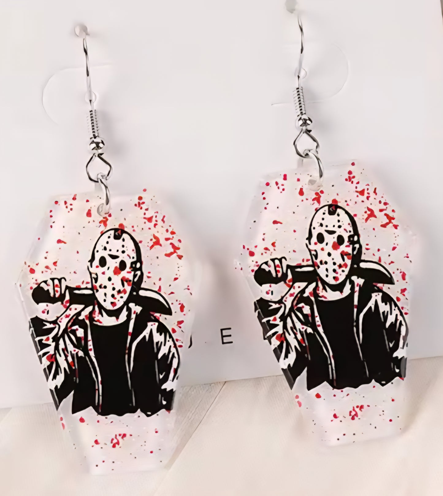 PREORDER Halloween Jason Blood Splatter Coffin Acrylic Dangle Earrings