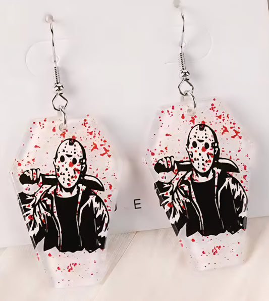 PREORDER Halloween Jason Blood Splatter Coffin Acrylic Dangle Earrings