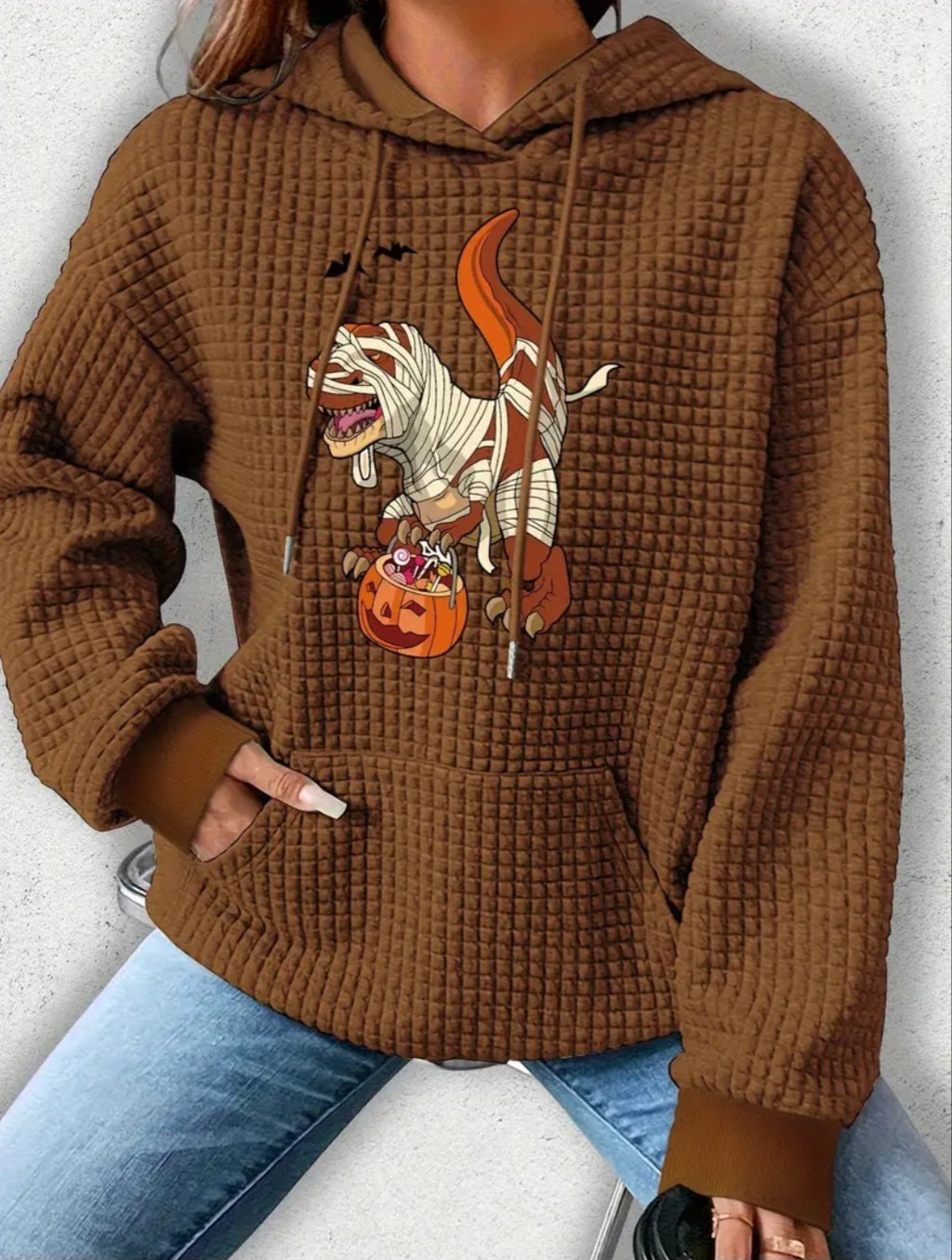 PREORDER Halloween T-Rex Mummy Trick Or Treater Knit Waffle Pullover Hooded Sweater