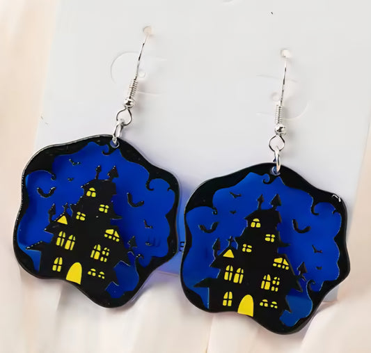 PREORDER Halloween Blue Haunted House Acrylic Dangle Earrings