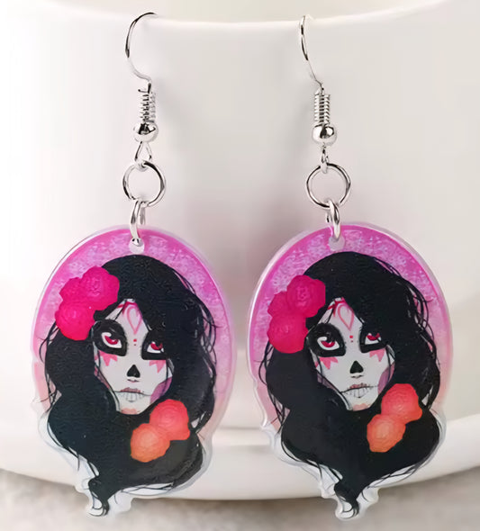 PREORDER Halloween Painted Sugar Skull Acrylic Dangle Earrings