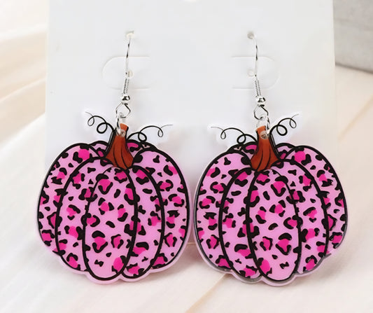 PREORDER HALLOWEEN Pink Leopard Pumpkin Acrylic Dangle Earrings