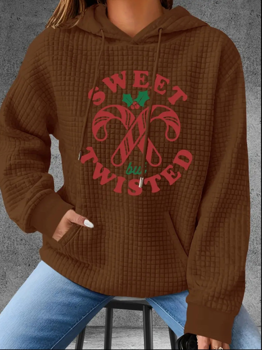 PREORDER Christmas Sweet But Twisted Knit Waffle Pullover Hooded Sweater