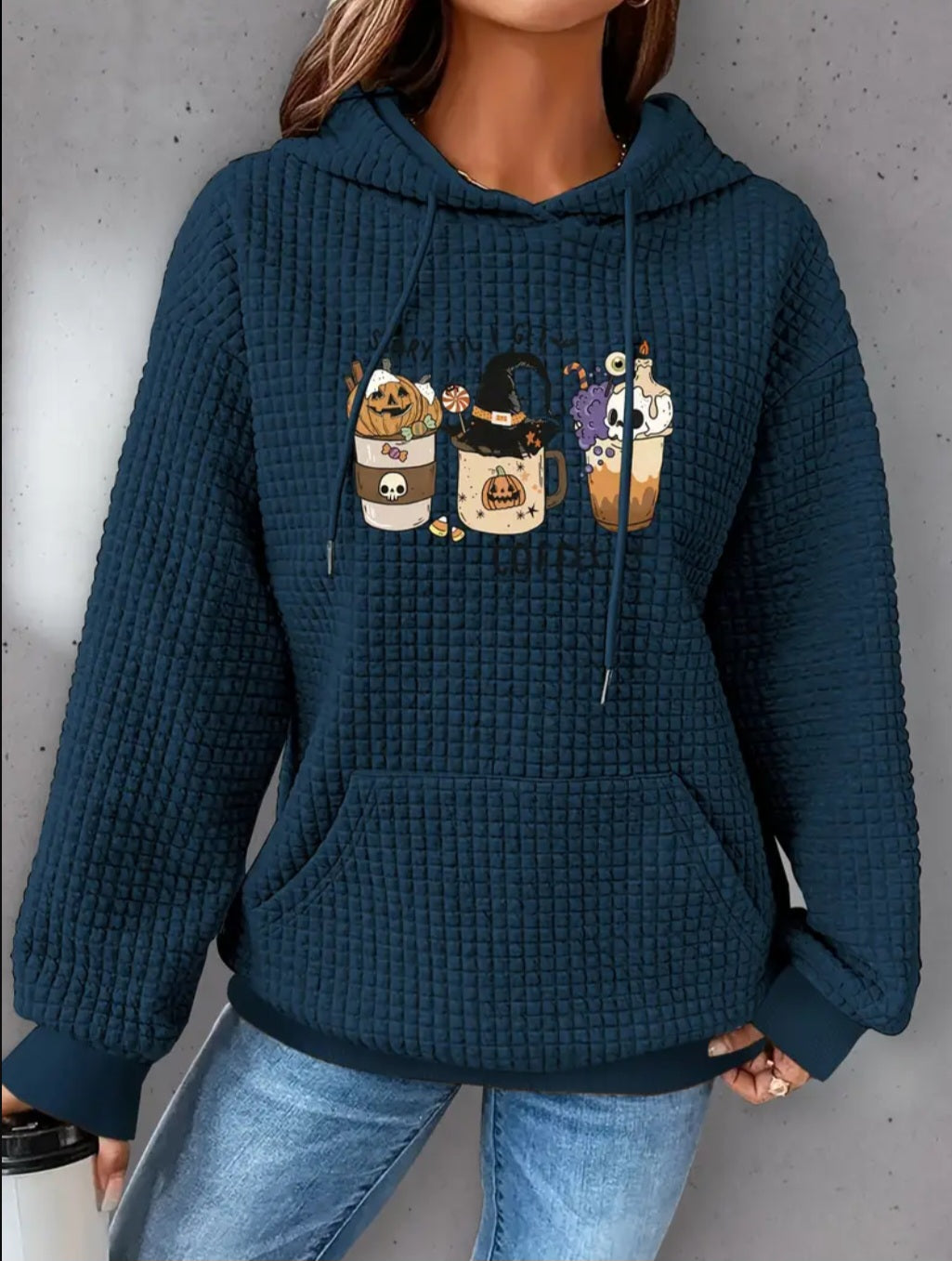 PREORDER Halloween Scary Till I Get My Coffee Knit Waffle Pullover Hooded Sweater