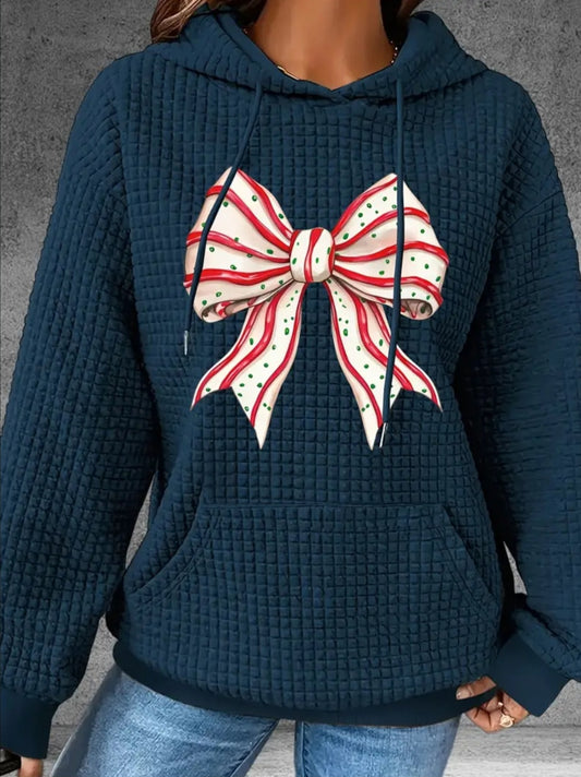 PREORDER Christmas Tree Bow Knit Waffle Pullover Hooded Sweater