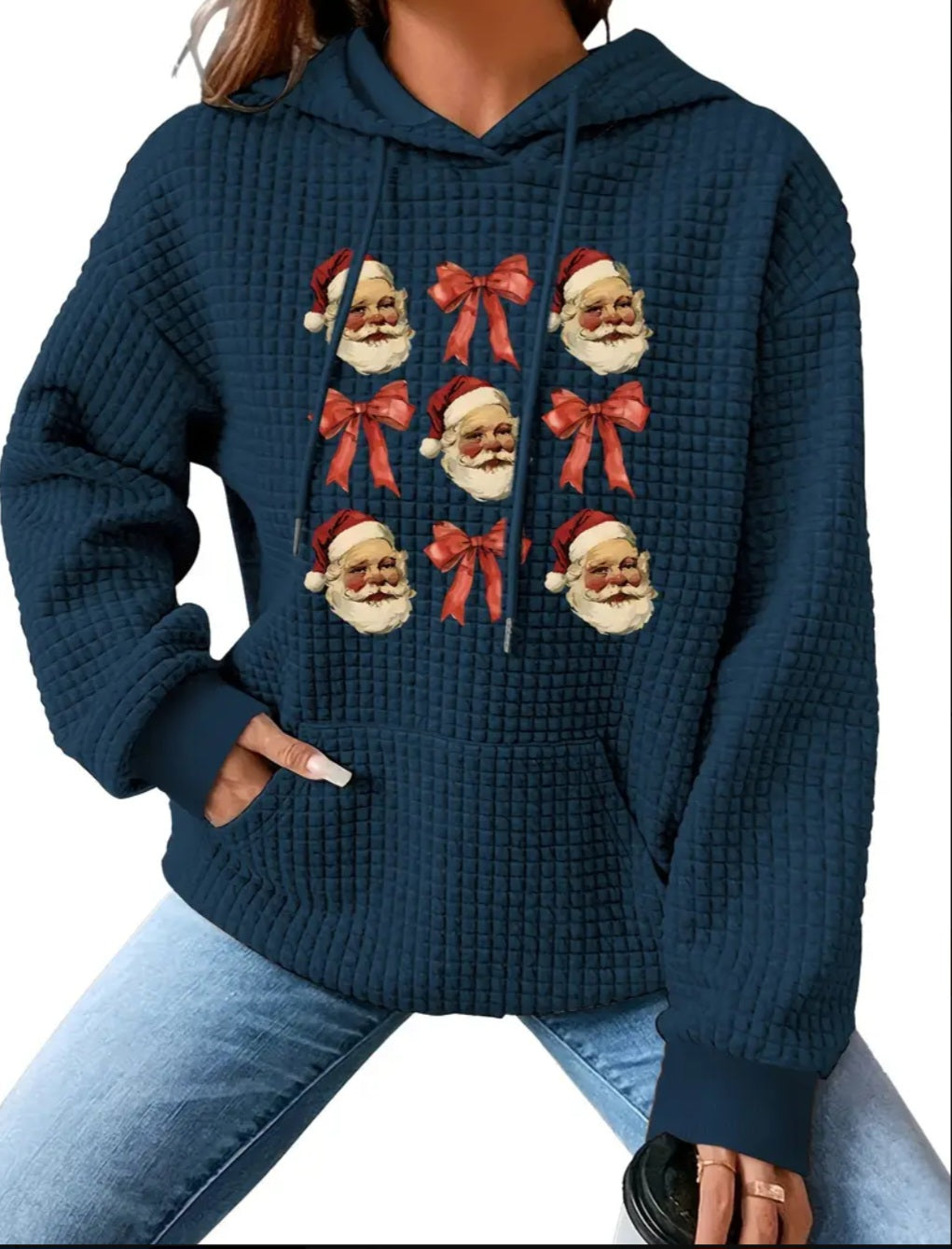 PREORDER Christmas Santa & Bows Knit Waffle Pullover Hooded Sweater