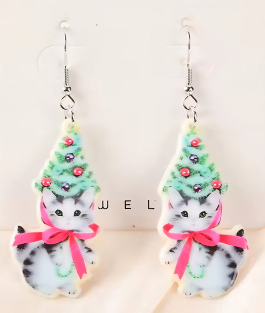 PREORDER Christmas Tree & White Cat Acrylic Dangle Earrings