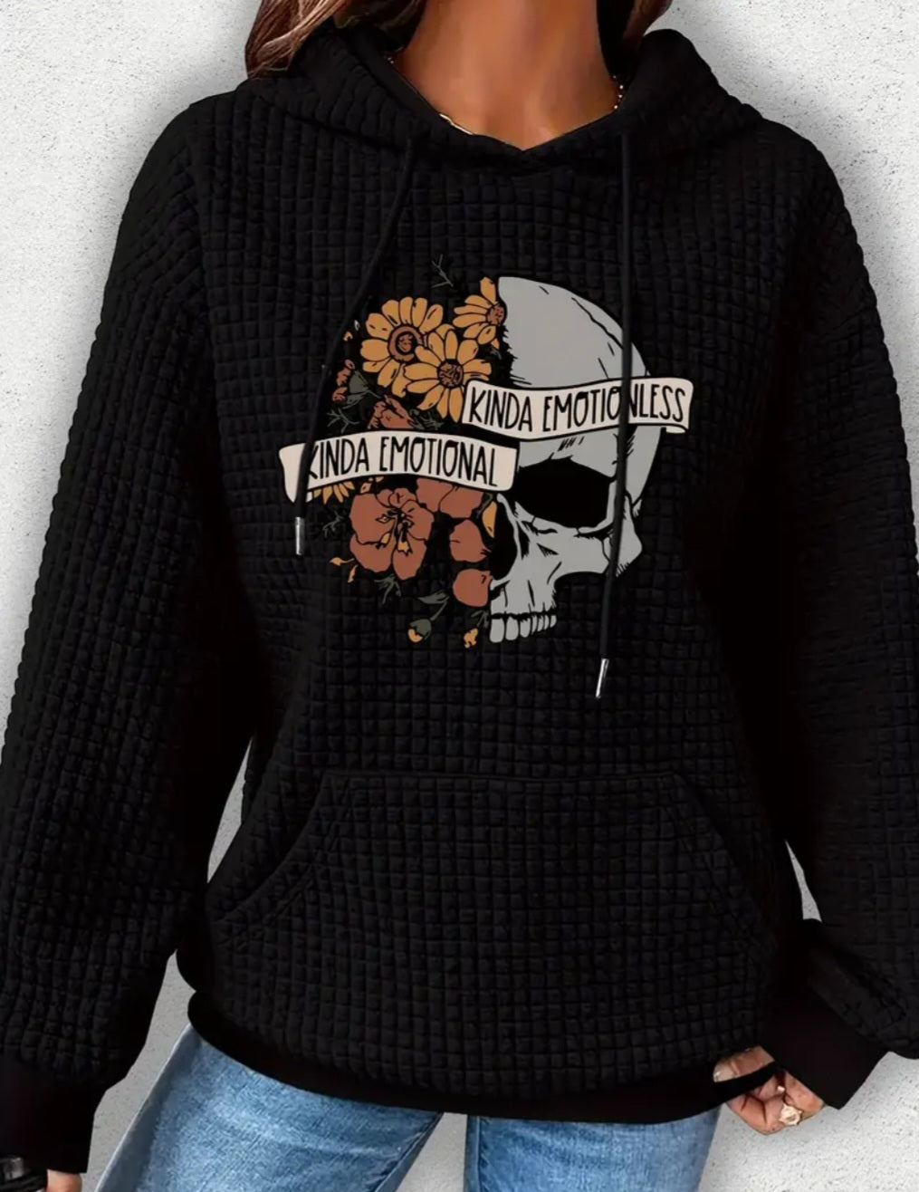 PREORDER Halloween Kinda Emotional Kinda Emotionless Knit Waffle Pullover Hooded Sweater