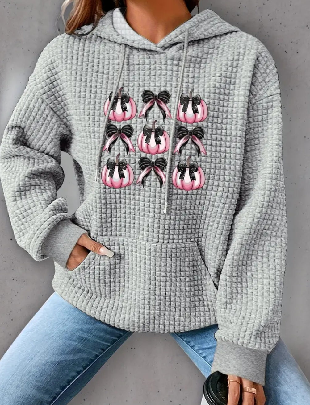 PREORDER Halloween Pink Pumpkin & Bows Knit Waffle Pullover Hooded Sweater