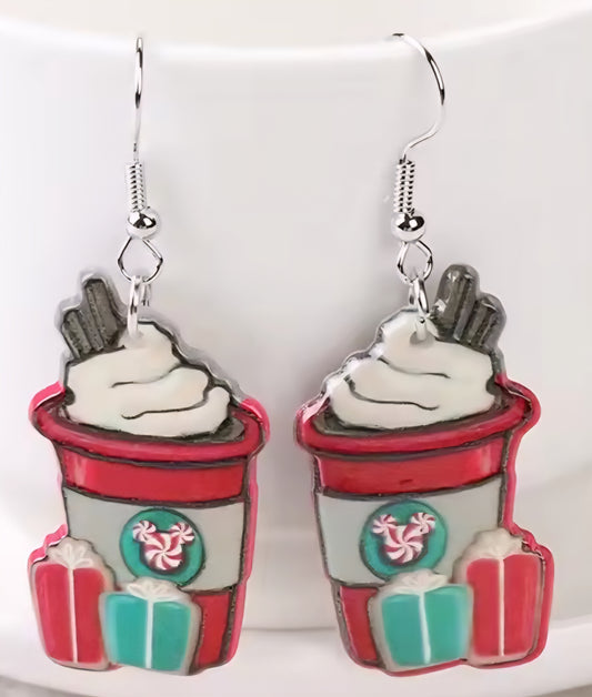 PREORDER Christmas Mouse Head Red Hot Chocolate Acrylic Dangle Earrings