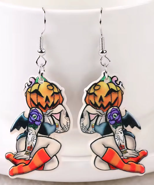 PREORDER Halloween Pin Up Pumpkin Head Acrylic Earrings