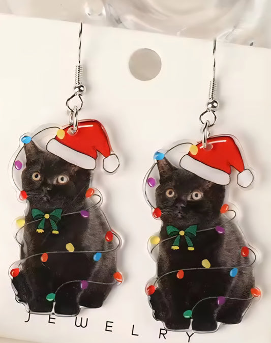 PREORDER Christmas Real Black Cat Acrylic Dangle Earrings