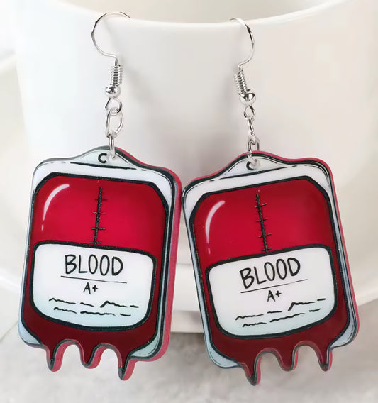 PREORDER Halloween Blood Type A+ Acrylic Dangle Earrings