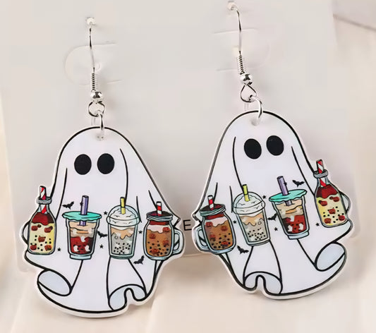 PREORDER Halloween Coffee Ghost Barista Acrylic Dangle Earrings