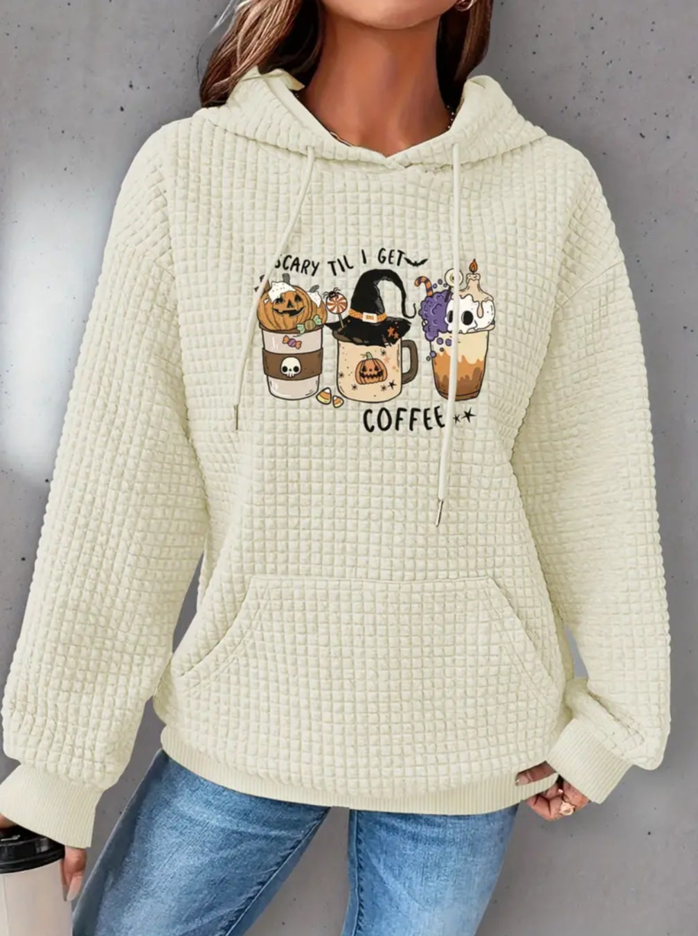 PREORDER Halloween Scary Till I Get My Coffee Knit Waffle Pullover Hooded Sweater