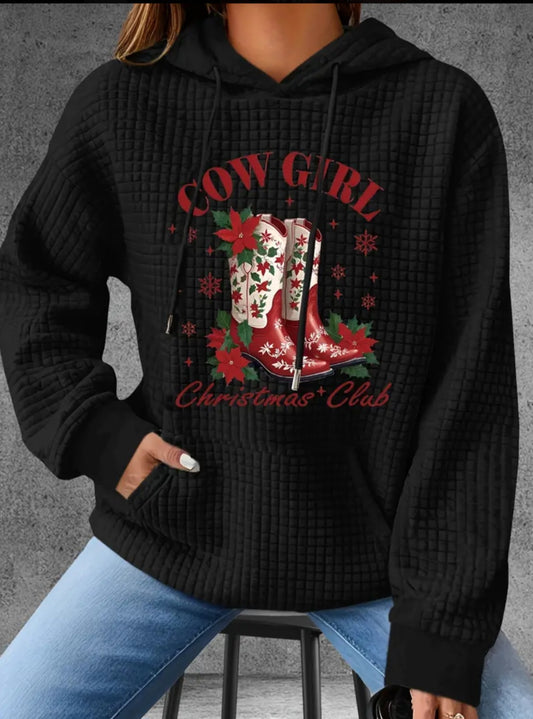 PREORDER Christmas Cow Girl Christmas Club Knit Waffle Pullover Hooded Sweater