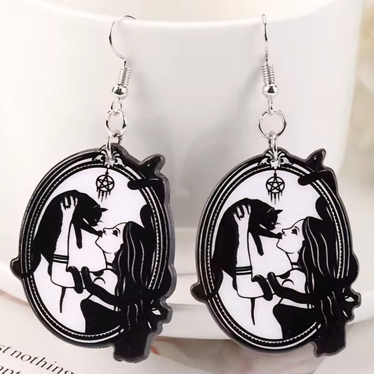 PREORDER Halloween Black Cat Witch Acrylic Dangle Earrings
