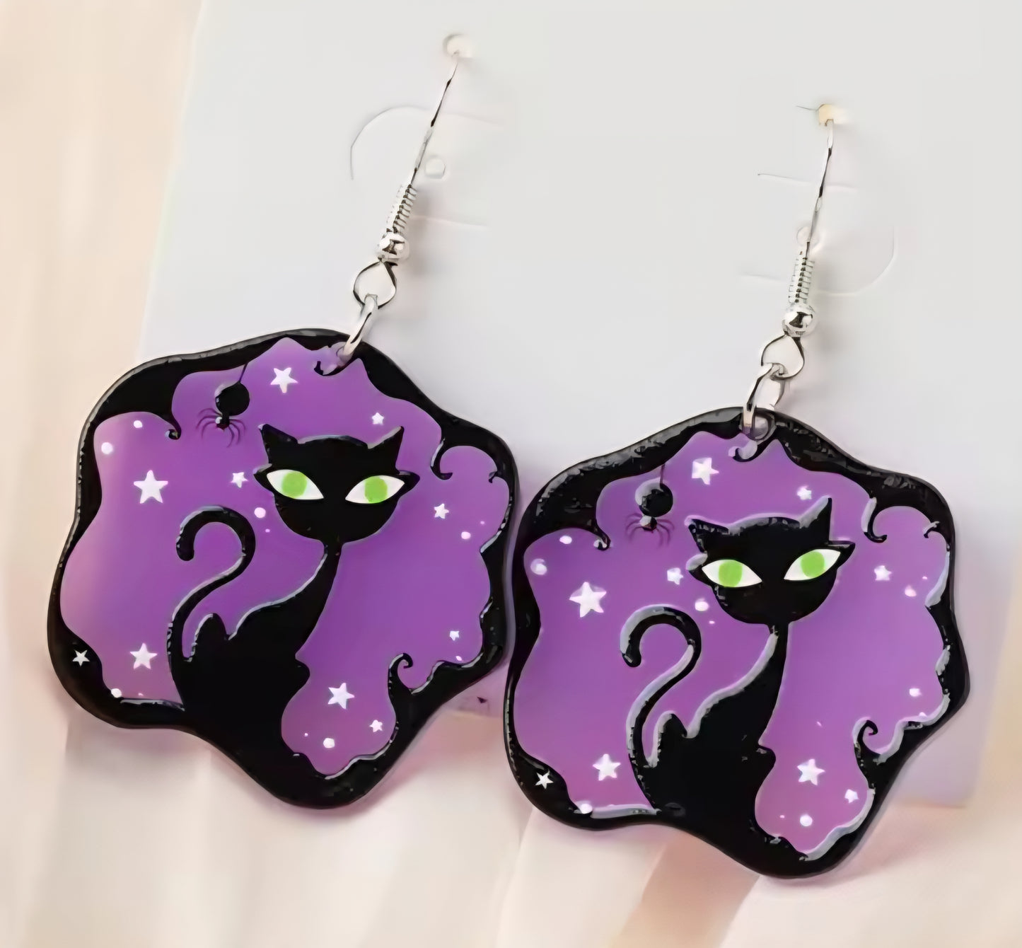 PREORDER Halloween Purple Black Cat Acrylic Dangle Earrings