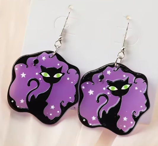 PREORDER Halloween Purple Black Cat Acrylic Dangle Earrings
