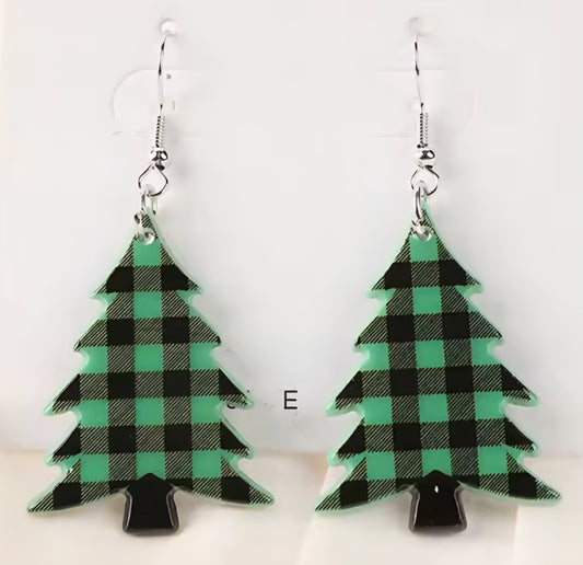 PREORDER Christmas Green Buffalo Plaid Tree Acrylic Dangle Earrings