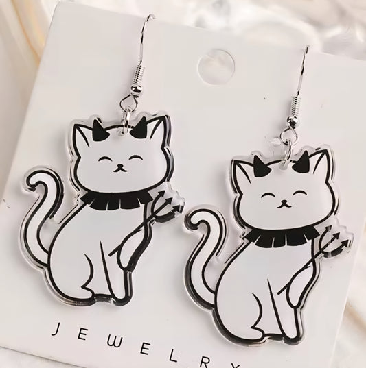 PREORDER Halloween White Kitty Princess Devil Dangle Earrings