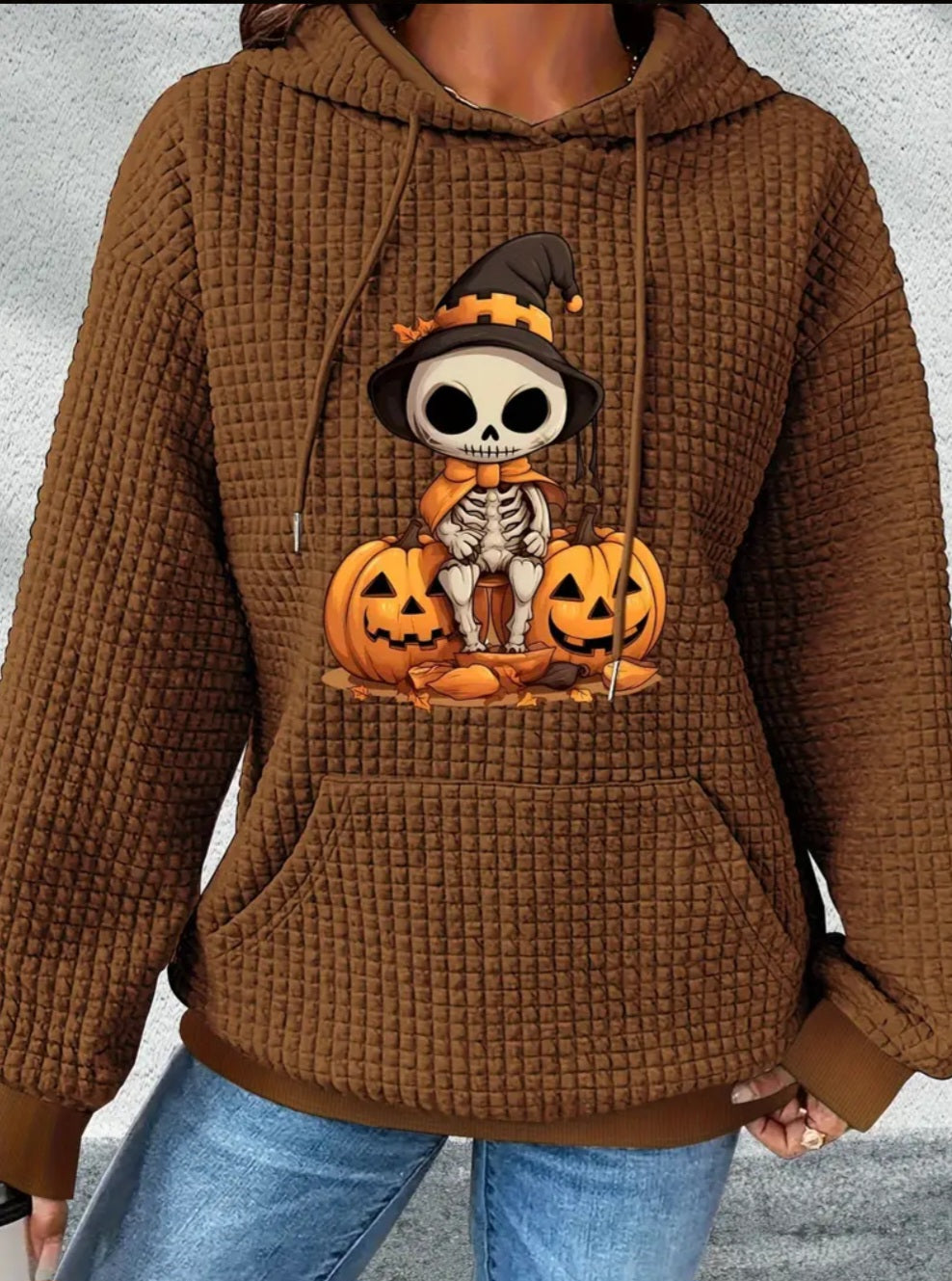 PREORDER Halloween Skeleton Jack O Lantern Knit Waffle Pullover Hooded Sweater