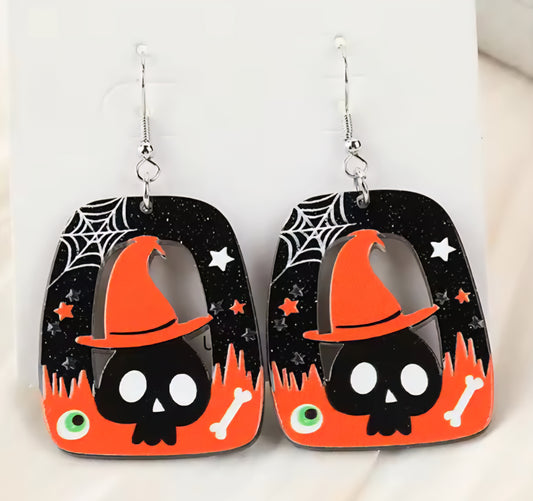 PREORDER Halloween Skull & Witch Hat Acrylic Dangle Earrings