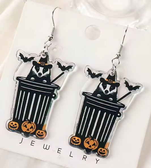 PREORDER Halloween Trash Can Raccoon Dangle Earrings