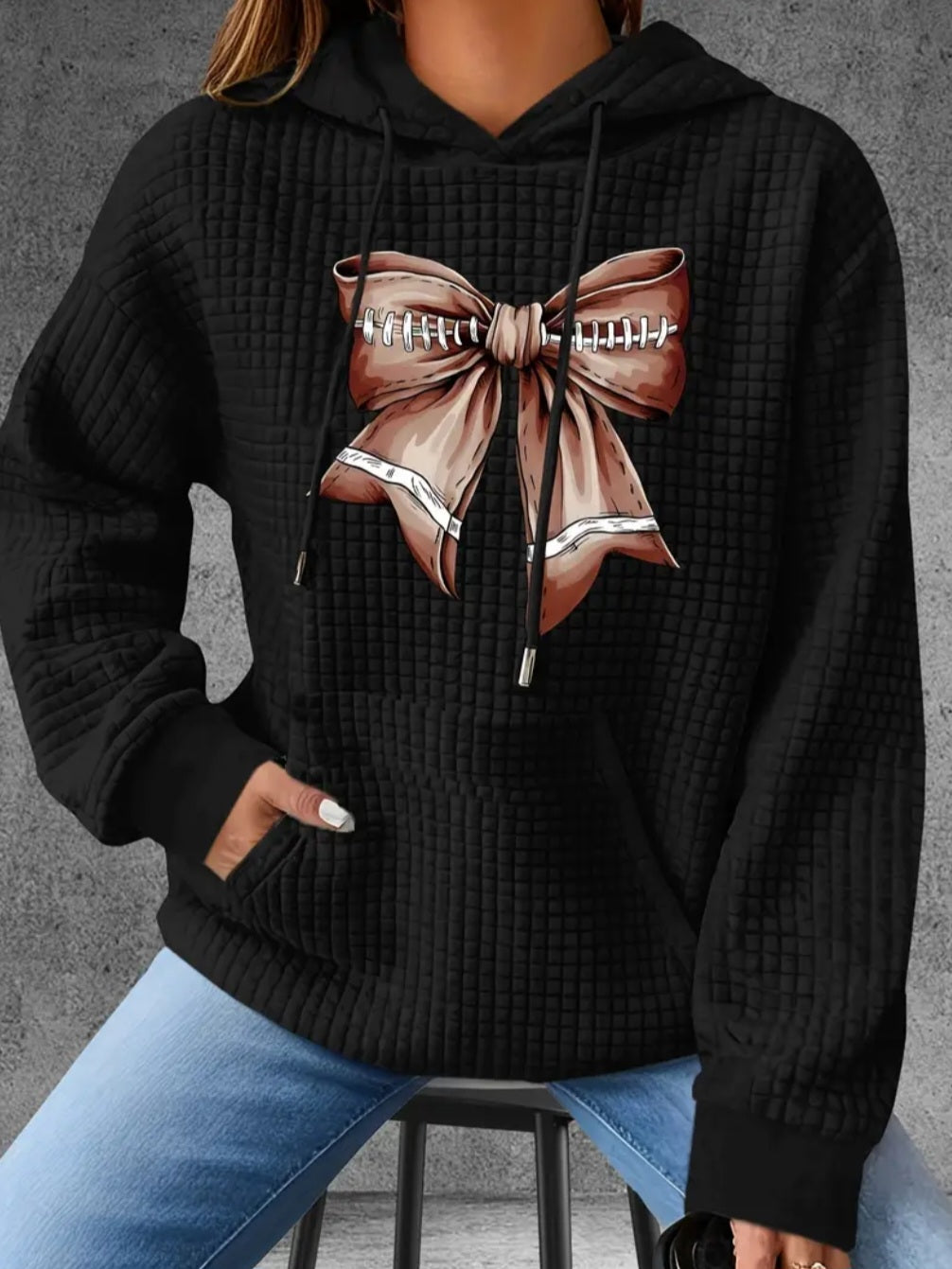 PREORDER Football Bow Knit Waffle Pullover Hooded Sweater