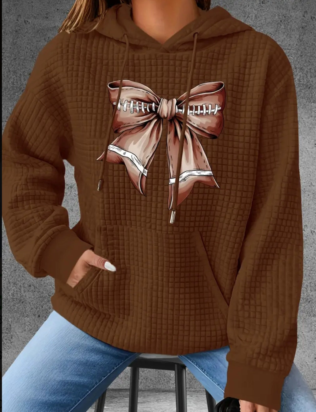 PREORDER Football Bow Knit Waffle Pullover Hooded Sweater