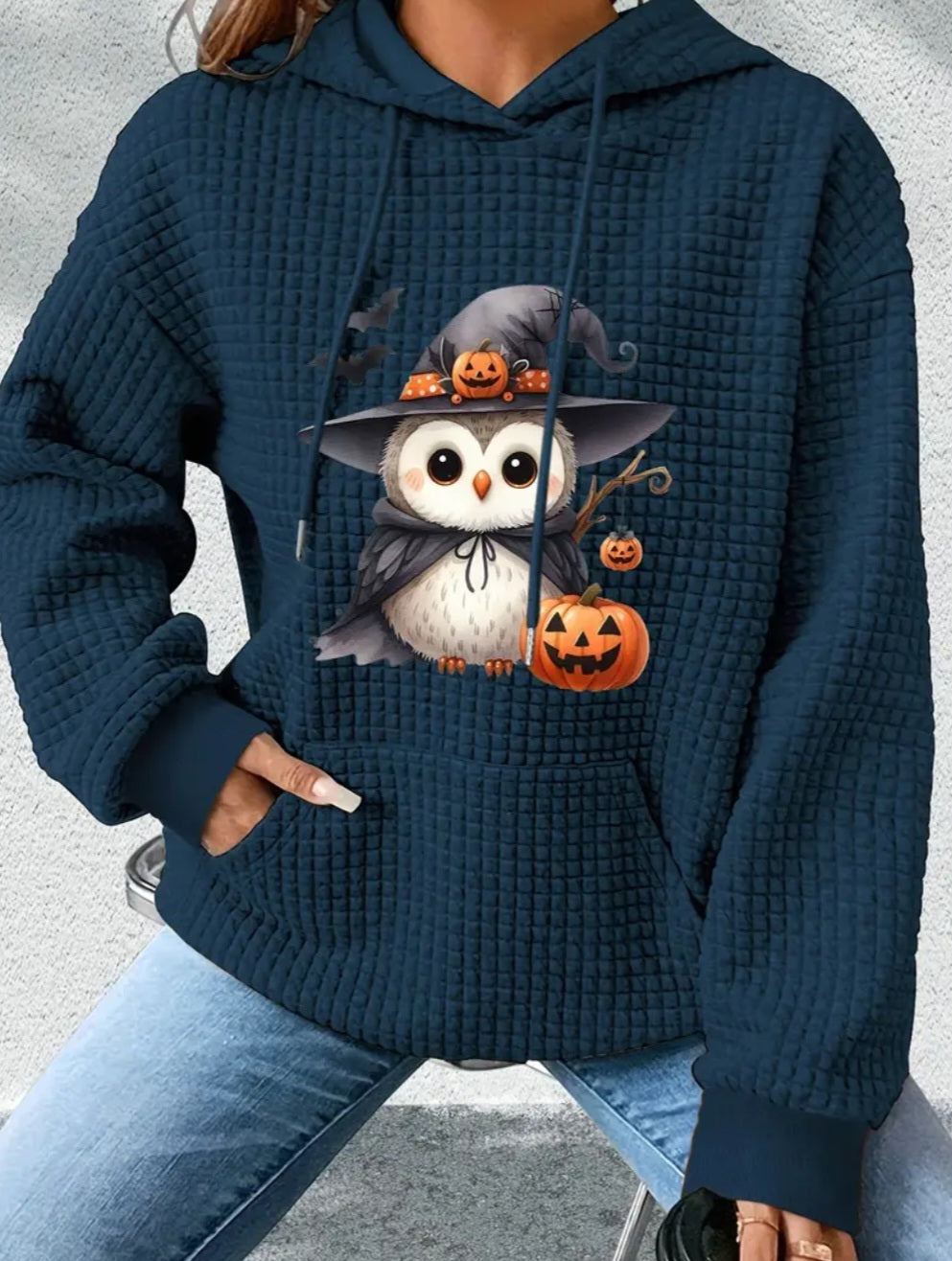 PREORDER Halloween Witch Owl Knit Waffle Pullover Hooded Sweater