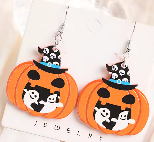 PREORDER Halloween Two Ghost Jack O Lantern Acrylic Dangle Earrings
