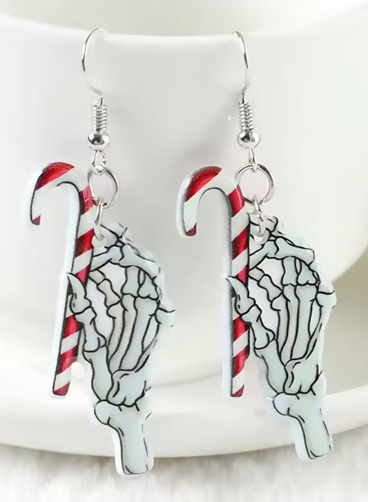 PREORDER Christmas Skeleton Hand Candy Cane Acrylic Dangle Earrings
