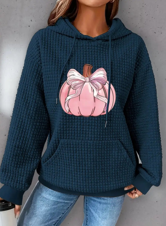 PREORDER Halloween Pink Bow Pumpkin Knit Waffle Pullover Hooded Sweater
