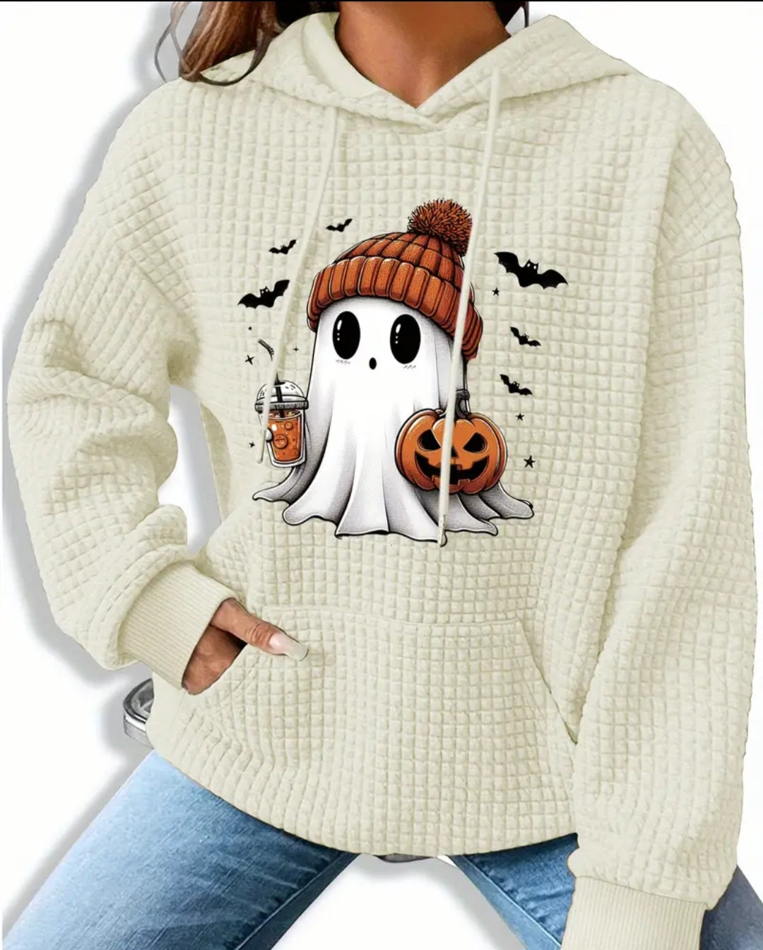 PREORDER Pumpkin Spice Ghost Knit Waffle Pullover Hooded Sweater